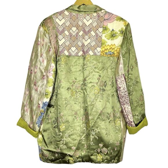 Amanda Smith Patchwork Satin Blazer Jacket Size M Green Crest Boho Lagenlook Y2K - Picture 2 of 8